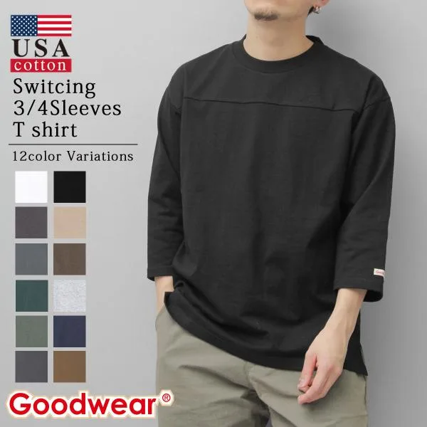 【2026年新色追加】Goodwear グッドウェア Tシャツ メンズ レディース 7分袖 フットボールT USAコットン ヘビーウェイト 厚手 無地 切替デザイン