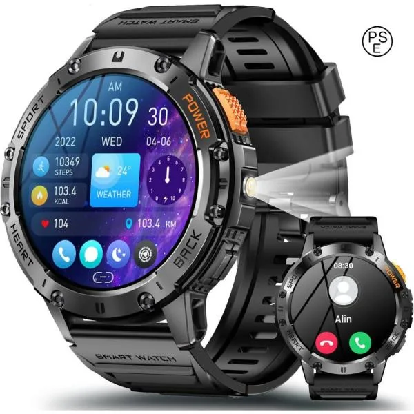 スマートウォッチ【2026革新モデル 防水防塵耐衝撃】1.43インチAMOLED高精度画面 懐中電灯付き 530mAh長持ちバッテリー iphone、アンドロイド対応