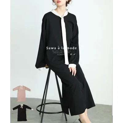 レディース ワンピース ドレス ブラック 黒 ベージュ 長袖 ロング丈 足首丈 ボウタイ リボン 春服 大人可愛い 大人 可愛い 30代 40代 50代 60代 サワアラモード