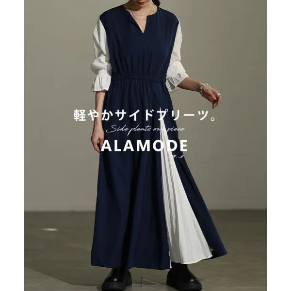 レディース ワンピース ワンピ 紺 ネイビー 長袖 ロング丈 パフスリーブ プリーツ キーネック 秋服 大人可愛い 大人 可愛い 30代 40代 50代 60代 サワアラモード