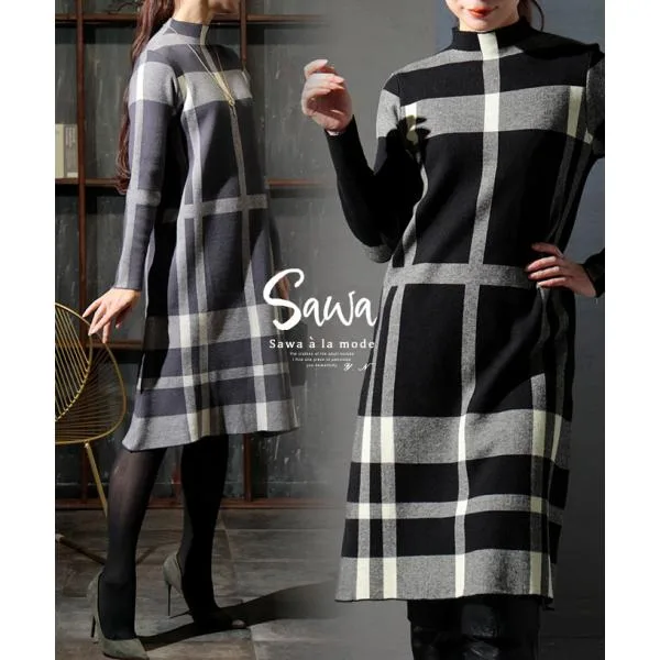ワンピース レディース 黒 グレー チェック 秋 冬 秋服 冬服 長袖 膝丈 40代 50代 60代 サワアラモード sawaalamode otona 大人 kawaii 可愛い 洋服 かわいい服