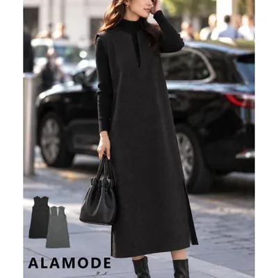 ワンピース レディース ノースリーブ ロング 重ね着 キーネック 起毛 無地 ポケット 黒 グレー 大人可愛い 大人 可愛い 30代 40代 50代 60代 サワアラモード