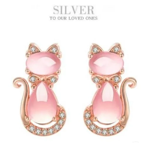 ピアス アレルギー対応 レディース 18K 猫 ネコ ねこ ピンク 水晶 18金 つけっぱなし シルバー925 スタッド 金属アレルギー対応