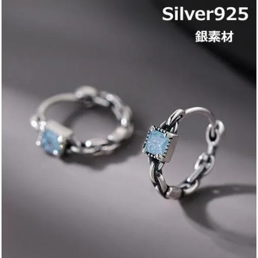 フープピアス アレルギー対応 レディース 小さめ ピアス 18金 つけっぱなし K18 シルバー925 スクエア 四角 水色 ブルー