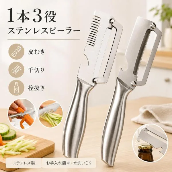 ピーラー 多機能 3in1 皮むき器 千切り器 ステンレス製 オールステンレス 野菜ピーラー 調理器具 キッチン用品 栓抜き付き 滑りにくい 便利グッズ おしゃれ
