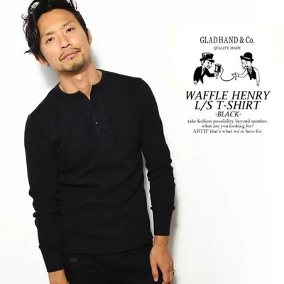 グラッドハンド 長袖Tシャツ GLAD HAND WAFFLE HENRY L/S T-SHIRT -BLACK-