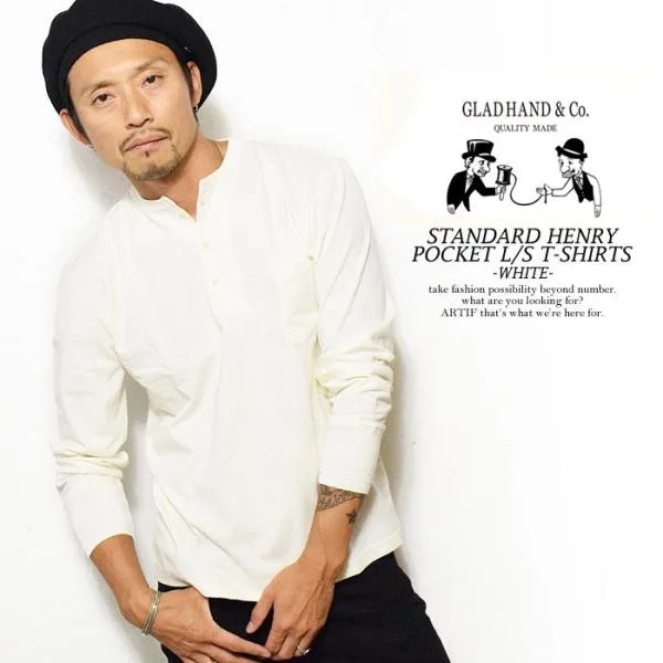 グラッドハンド Tシャツ GLAD HAND STANDARD HENLEY POCKET L/S T-SHIRTS -WHITE- メンズ 長袖 ロンT パックT 無地 ヘンリーネック