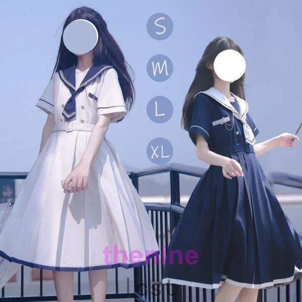 One-piece tunic, knee-length, short sleeve, retro, retro feel, sailor uniform style, Mori girl, sailor uniform, high school girl uniform, dress with sailor collar, spring, autumn, marine style, above-the-knee length