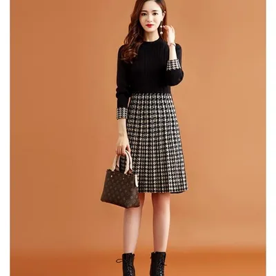 ニットワンピース レディース 40代 きれいめ 膝丈ワンピース 秋服 長袖ワンピース チェック柄切り替え Aラインスカート 韓国風 大人 通勤OL 30代 50代