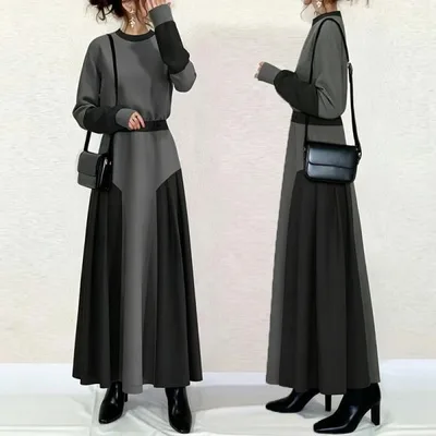 ワンピース 長袖 レディース 秋服 Aラインワンピース ロングワンピース バイカラー 大人きれいめ 40代 50代 60代 仕事 オフィス 春秋 丸首 黒グレー くびれ OL