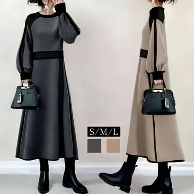 ワンピース 長袖 レディース 秋服 バイカラー Aラインワンピース ロングワンピース ミモレ丈 大人きれいめ 40代 50代 60代 仕事 オフィス リゾート 春秋 無地