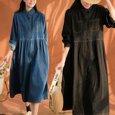デニムワンピース 長袖 春服 秋物 ワンピース ロングワンピ ミモレ丈 体型カバー シャツワンピース デニム シャツカラー 可愛い 綿 オフィス 30代40代50代