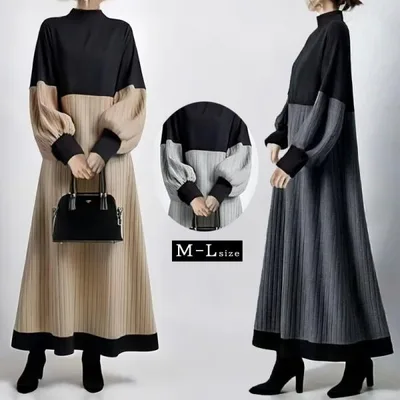 ワンピース 長袖 レディース 秋服 Aラインワンピース ロングワンピ バイカラー 大人きれいめ 40代 50代 60代 体型カバー 仕事 オフィス 春秋 スタンドカラー