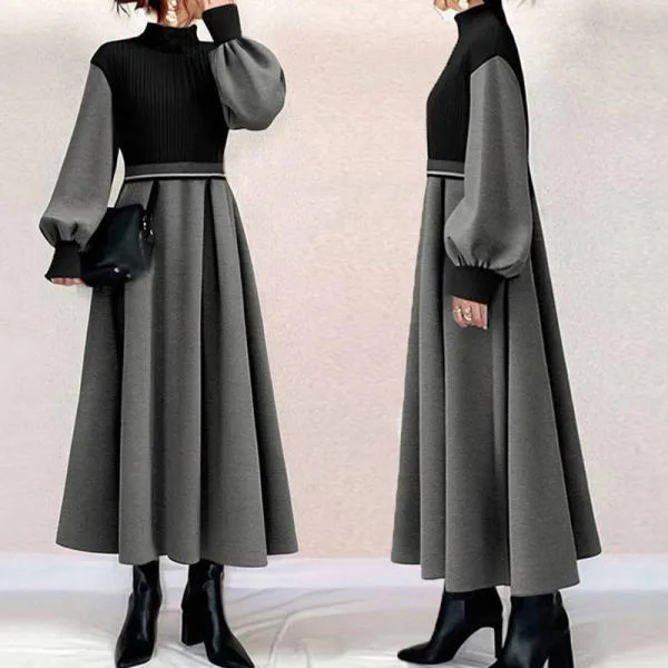 ワンピース 長袖 レディース 秋服 Aラインワンピース ロングワンピ バイカラー フレアワンピ 切り替え 40代 50代 仕事 オフィス ドッキングワンピース 黒ニット