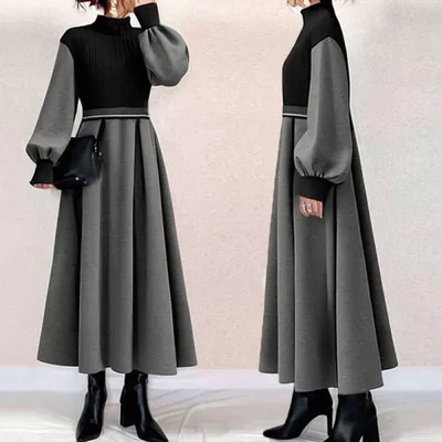 ワンピース 長袖 レディース 秋服 Aラインワンピース ロングワンピ バイカラー フレアワンピ 切り替え 40代 50代 仕事 オフィス ドッキングワンピース 黒ニット