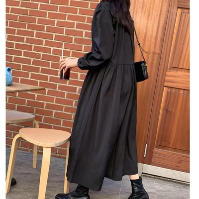 ワンピース レディース 秋服 長袖40代 上品50代 ロングワンピース ギャザーワンピース ファスナー エレガント大人 オフィス 丸首 春秋 お呼ばれワンピース 黒