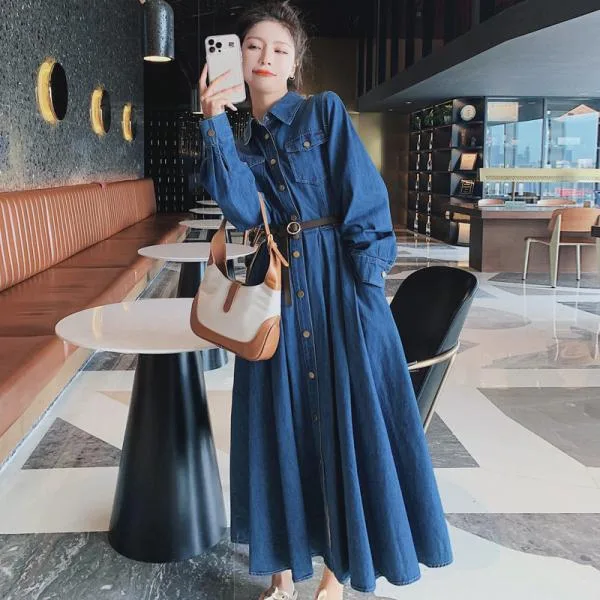 デニムワンピース 長袖 春服 秋物 前ボタン 前開き デニムジャケット ワンピース ロングワンピ ミモレ丈 aライン デニムシャツ 着痩せ 体型カバー 30代40代50代