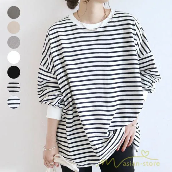 Tシャツ 長袖 レディース トップスプルオーバー 春服 春秋 丸首 ワイド ゆったり ボーダー 無地 カットソー ロングT オフィスカジュアル ゆる オーバー ビッグ