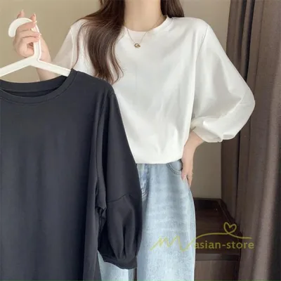 tシャツレディース七分袖 秋服 春秋 パフスリーブトップス 丸首 無地 白 黒 可愛い Tシャツ秋 春コーデ 秋コーデ 冬インナー カジュアル シンプル カットソー
