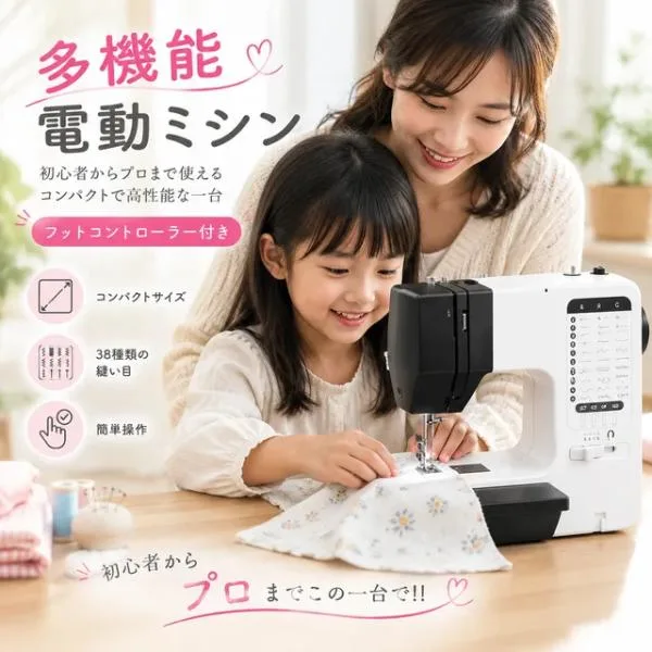 ミシン 電動ミシン コンパクトミシン 初心者 コンパクト 縫い目38種類 手元LEDライト シンプル かんたん 刺繍 電子ミシン ギフト ミシン本体 手作り 機能充実