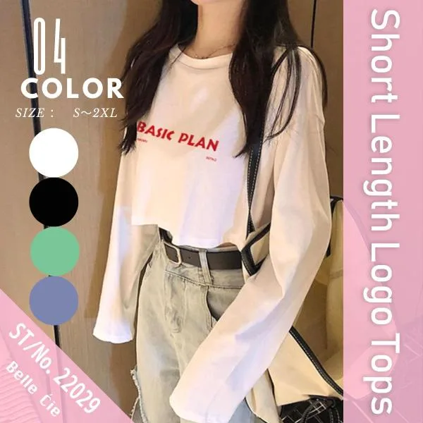 Tシャツ ロンT 長袖 ショート丈 短丈 ロゴ トップス シンプル レディース 韓国ファッション かわいい 大人 多色 メッセージ かっこいい 春秋