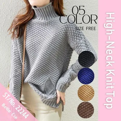 Knit High Neck Cable Pullover Long Sleeve Sweater Adults Women's Korean Fashion Pretty Adult Casual Warm Stylish Autumn/Winter