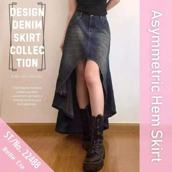 デニムスカート イレギュラーヘムスカート アシンメトリースカート 変形スカート デニムロングスカート ロングデニムスカート 切りっぱなしスカート