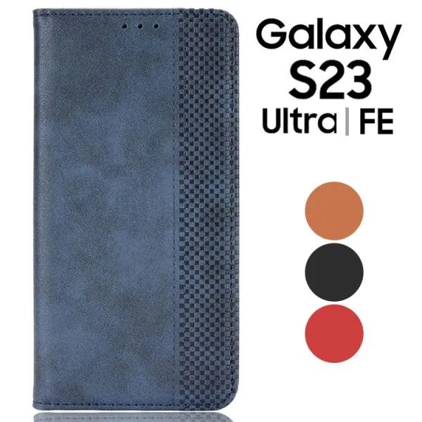 Galaxy S23 ケース 手帳 S23Ultra S23FE チェック柄 合革 レトロ 手帳 ケース ギャラクシーs23 S23ウルトラ SC-51D SCG19 SC-52D SCG20 ポイント消化 爆買