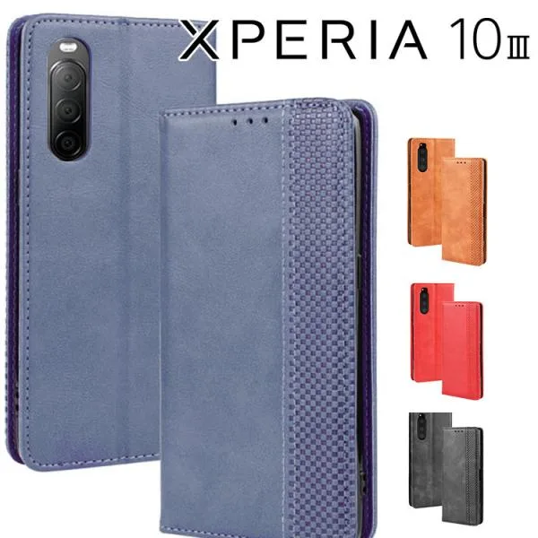 Xperia 10 III 手帳型 スマホケース xperia10 iii エクスペリア10 マーク3 チェック柄 合革 レトロ 手帳 ケース チェックライン手帳ケース ポイント消化 爆買