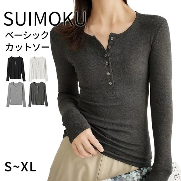 スイモク ヘンリーネック カットソー Tシャツ レディース トップス リブ デイリー 長袖 肌触りの良い素材 大きいサイズ きれいめ 春 秋 冬