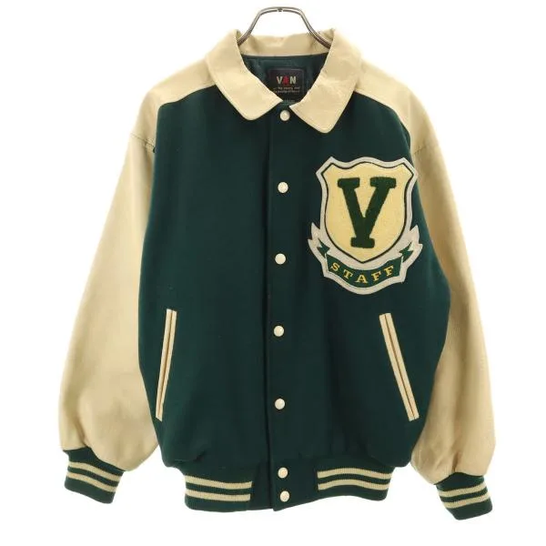 VAN JACKET ヴァンヂャケット レタードワッペン 牛革レザー切替 スタジャン BIG ONE 深緑 中綿 ジャケット メンズ 古着 中古