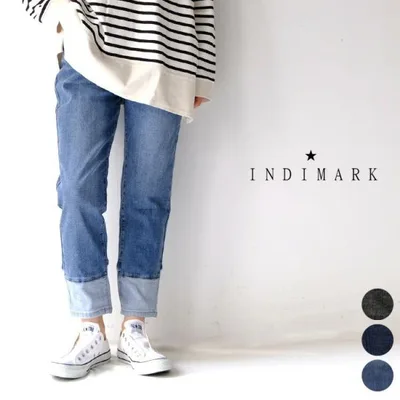 INDIMARK インディマーク (一部メーカー取り寄せ) 裾切り替えストレッチ ボーイフレンドパンツ WJ005 ボトムス ウエストゴム 伸びる デニム 爆買