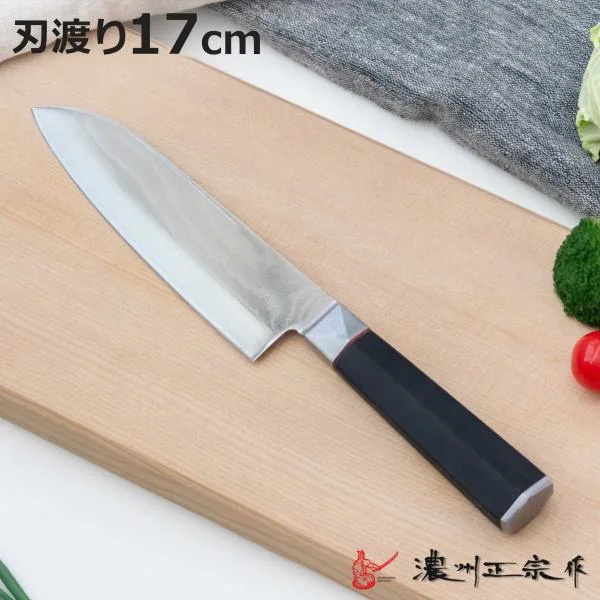 三徳包丁 17cm 濃州正宗 鍛接ダマスカス鋼 六角柄 日本製 ( 包丁 料理包丁 万能包丁 キッチンナイフ 文化包丁 高級包丁 ダマスカス包丁 )