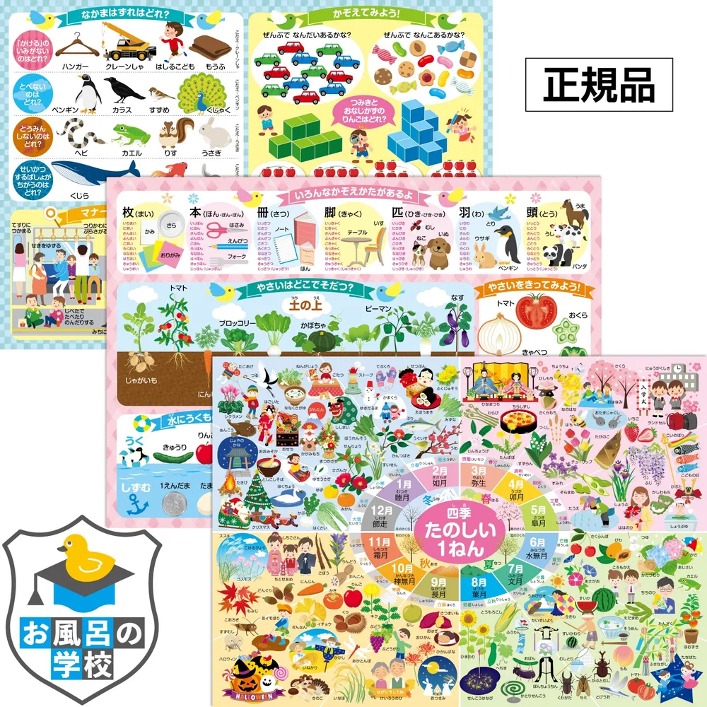お風呂の学校 小学校 お受験対策 知育 お風呂ポスター 3枚セット 日本製(季節の花・食べ物・行事・ものの数え方・二十四節気などを網羅) B3サイズ 防水