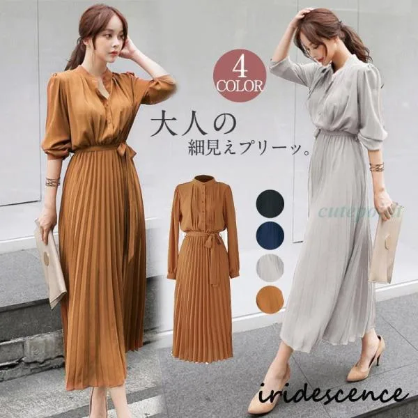 ワンピース プリーツ レディース ベルト 春秋服 きれいめ シフォン 長袖 シャツ 秋物 Aライン ロング丈 ハイウエスト 二次会 通勤 OL 着痩せ