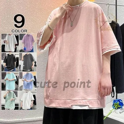 tシャツ メンズ 半袖 白Tシャツ T-shirt スポーツ 半袖tシャツ プリントT 重ね着風 ゆったり 9色 父の日