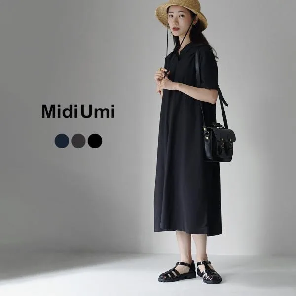 MIDIUMI(ミディウミ) ポロ フレア ワンピース 日本製 / レディース 半袖 ミドル丈