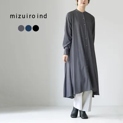 mizuiro ind(ミズイロインド) T/R スタンドカラー フレア ワンピース / レディース 羽織り Aライン ロング 長袖 日本製