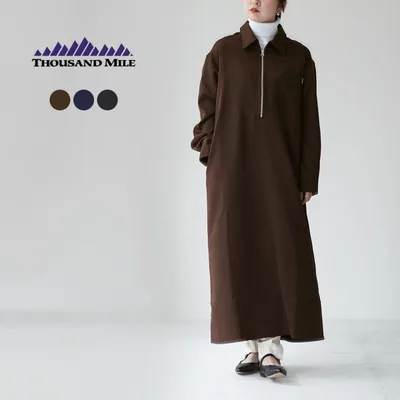 THOUSAND MILE(サウザンドマイル) ハーフジップ ワンピース / レディース 長袖 ロング マキシ 秋冬 襟付き ストレッチ