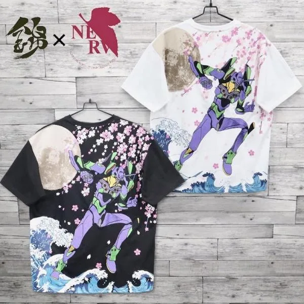 送料無料 メンズ エヴァンゲリオン エヴァ EVA 錦 NISHIKI コラボ 半袖 Tシャツ ティーシャツ 初号機 桜 刺繍 プリント 和柄 白 ホワイト 黒 ブラック