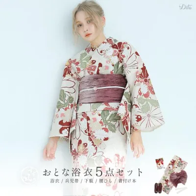 レディース 浴衣 セット 簡単(ゆかた・しわ兵児帯・下駄・着付け本・腰ひも)綿 レトロ 生成り 赤 大人 上品 派手 和風 大柄 花 10代 20代 30代 2026年