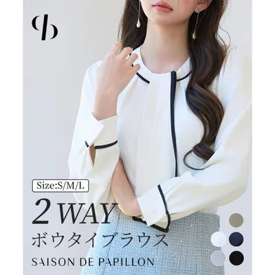 ブラウス レディース トップス プルオーバー フロントタックブラウス ボウタイブラウス 2way モックネック クルーネック 長袖 オフィスカジュアル