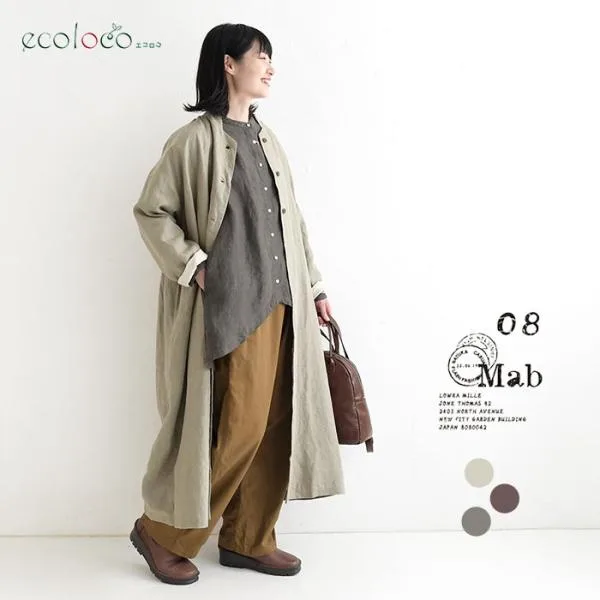 08Mab 9番手リネン 立ち襟 ゆったり ロングコート ライトアウター 麻100%秋 冬 秋服 30代 40代 50代 26AW0918R,