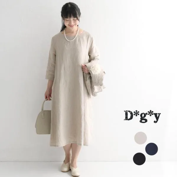 フレアワンピース レディース Aライン 七分袖 D*g*y dgy 麻100%大きいサイズ 春 夏 秋 冬 26SS0213R,
