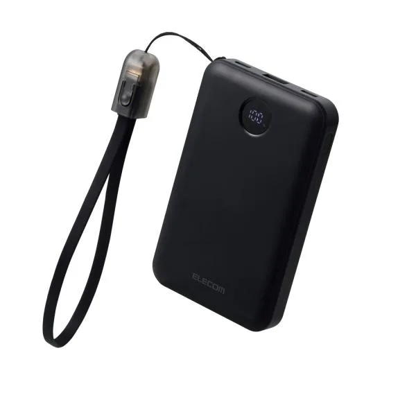 エレコム モバイルバッテリー ストラップ型ケーブル付き 10000mAh 22.5W リチウムイオン電池 残量表示 USB-C×2 USB-A ブラック ELECOM EC-C45BK