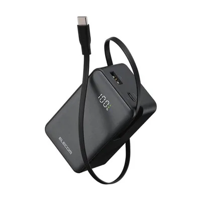エレコム モバイルバッテリー 巻き取り式 ケーブル一体型 10000mAh 45W リチウムイオン電池 巻取り式ケーブル一体 残量表示 Type-C ブラック EC-C54LBK