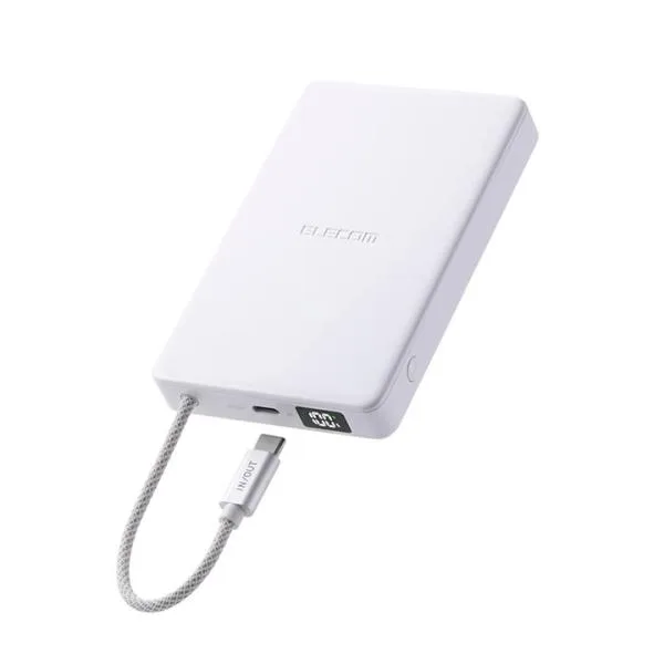 エレコム モバイルバッテリー ケーブル一体型 半固体 10000mAh 30W 半固体Li電池 残量表示 USB-Cケーブル ホワイト ELECOM DE-C84-10000WH