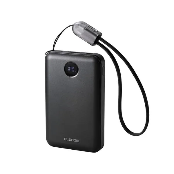 エレコム モバイルバッテリー ストラップ型 ケーブル付 10000mAh 30W リチウムイオン電池 残量表示 Type-C×2 USB-A×1 ブラック ELECOM DE-C88-10000BK