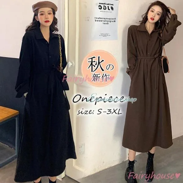 シャツワンピース レディース 40代 きれいめ マキシワンピース 秋服 長袖ワンピース 黒Vネック Aラインスカート オシャレ大人 お出かけ ゆったり韓国風 50代