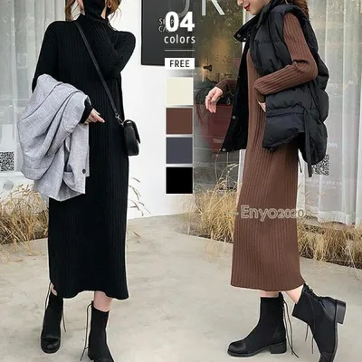 ニットワンピース ハイネック ワンピース 長袖 レディース ハイネックワンピース リブニット リブニットワンピース ニット ロングワンピース ロング ミモレ シ